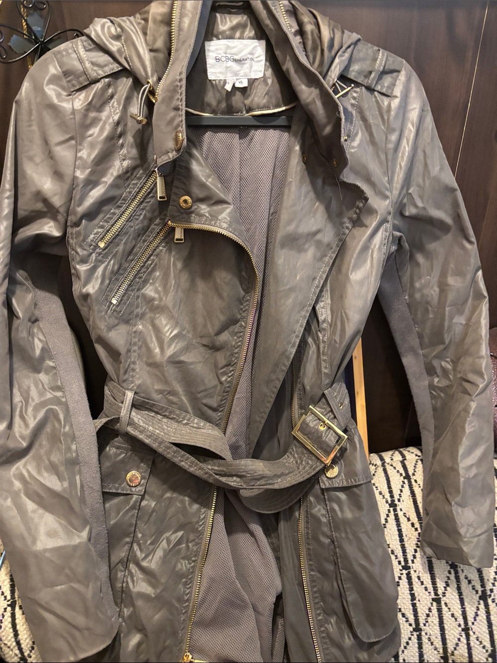 BCBGMaxAzria Olive Gray Hooded Trench Coat with Gold Hardware-P2P, L30